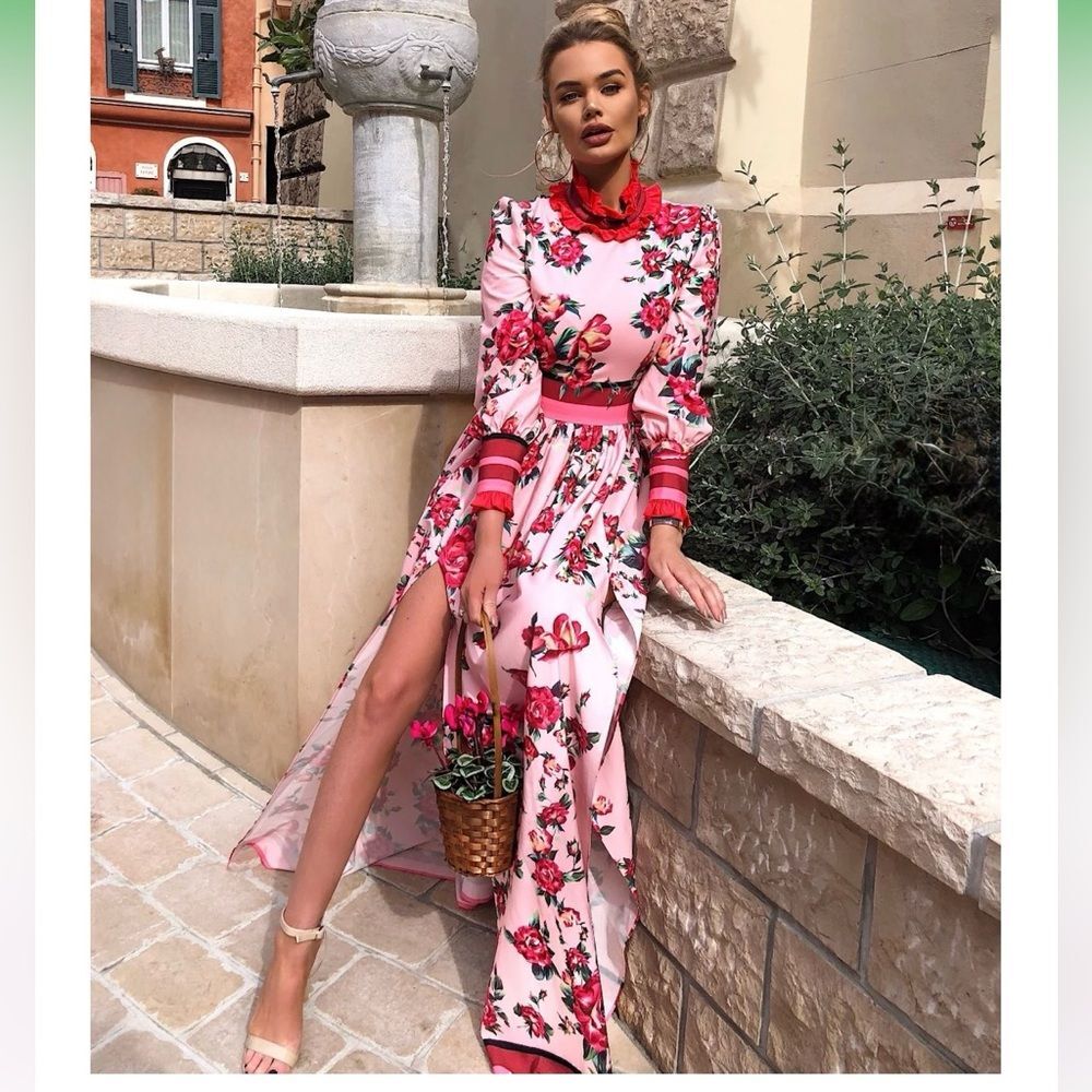 Comino Couture London Let’s Split Pink Floral Long Sleeve Maxi Dress 6 NWT